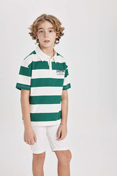 DeFacto Αγόρια Oversize Φαρδιά Μορφή Ριγέ εμπριμέ κοντομάνικο μπλουζάκι πόλο B9514A824SM