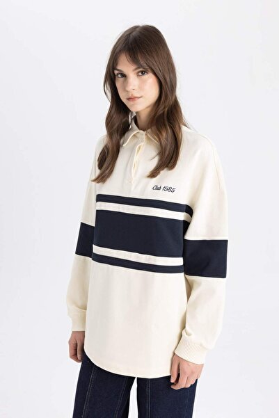 DeFacto Regular Fit Polo Yaka Baskılı Uzun Kollu Tesettür Sweatshirt Tunik C3850AX24SP