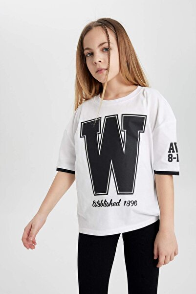 DeFacto Κοριτσίστικο μπλουζάκι με κοντό μανίκι με στάμπα με φαρδύ λαιμόκοψη C2215A824SM