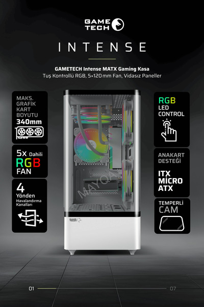 GAMETECH Intense Beyaz Tuş Kontrol Rgb 5x120mm Fanlı Özel Pratik Tak Çıkar Vidasız Kapaklar Matx Gaming Kasa