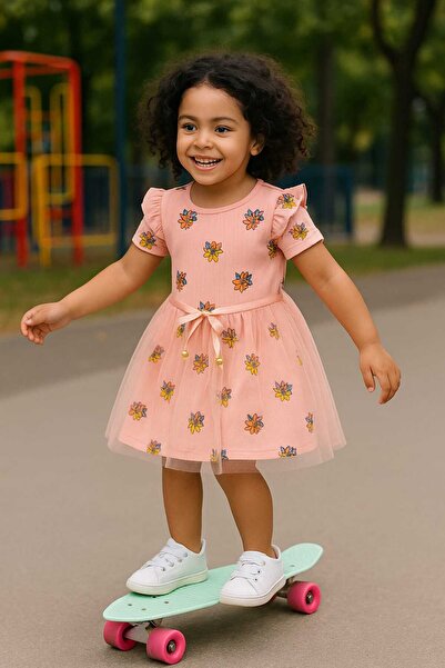 KAMİKAM Çok Güzel Çok Şik Baskılı Tüllü Kız Elbise Mükemmel Kalite (KÜÇÜK KAL...