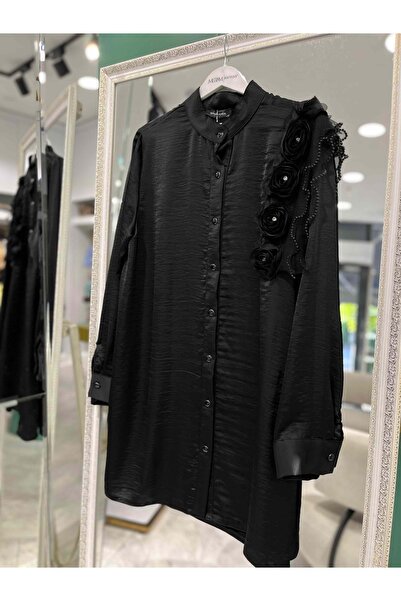 MERAM BUTİK Selinada Satin Tunic with Rose Details 3150 - Black - 40