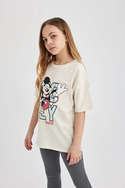DeFacto Kız Çocuk Disney Mickey & Minnie Pijama Takımı Oversize Geniş Kalıp Bisiklet Yaka Kısa Kollu Üst Uzu