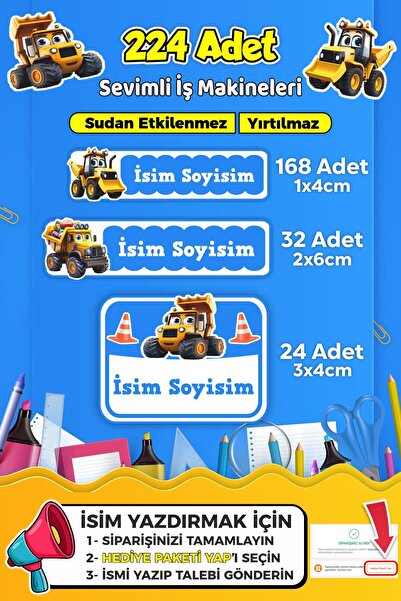 SB store İş Makineleri Temalı Okul Kreş Kişiye Özel isim Etiket Seti - Model 554