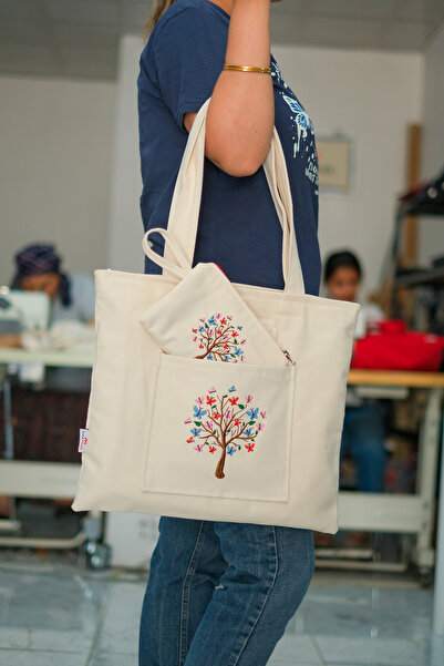 Wings Of Simurg Butterfly Tree Embroidered - Zippered Cream Canvas Cloth Bag and Wallet