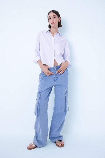 DeFacto Oversize Wide Fit Striped Collar Bead Detail Oxford Long Sleeve Shirt B9322Ax24Sp