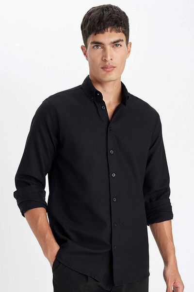 DeFacto Modern Fit Polo Collar Honeycomb Textured Basic Plain Long Sleeve Black Shirt B7383Ax24Sp