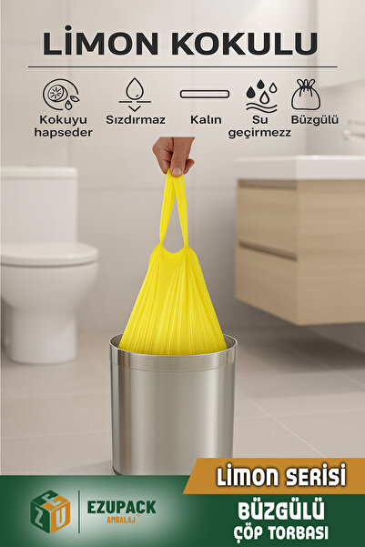 Ezupack 40 Lt ( 5 PAKET ) Avantaj Paket Orta Boy Limon Kokulu Büzgülü Çöp Poşeti Çöp Torbası 50 Adet