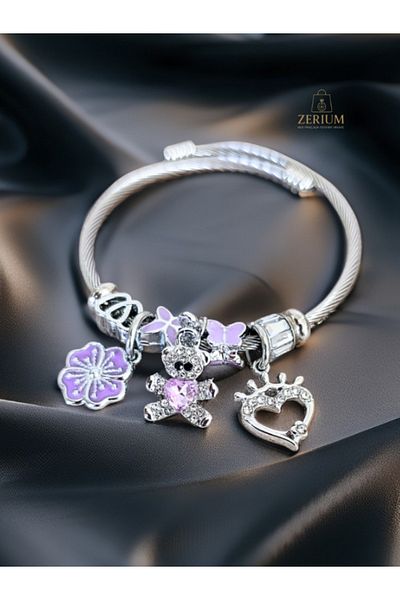 ZERİUM Modern Steel Stylish New Generation Design Charm Bracelet Teddy Bear and Clover