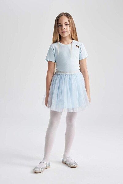 DeFacto Κοντομάνικο μπλουζάκι για κορίτσια με λεπτή εφαρμογή με κέντημα με λαιμόκοψη B6925A824SM