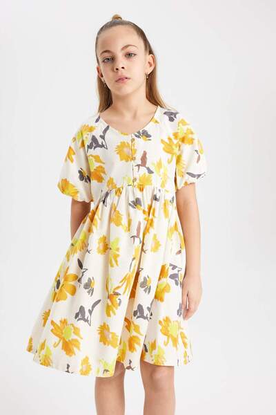 DeFacto Girls Cotton Short Sleeve Patterned Dress B5720A824Sm