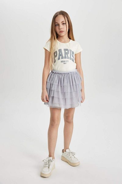 DeFacto Girls' Slim Fit Close-Fitting Crew Neck Rib Printed Short Sleeve T-Shirt C2953A824Sm