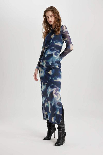 DeFacto Bodycon decolteu rotund Tie-dye Tulle Midi rochie de seară cu mâneci lungi C5082AX24SP
