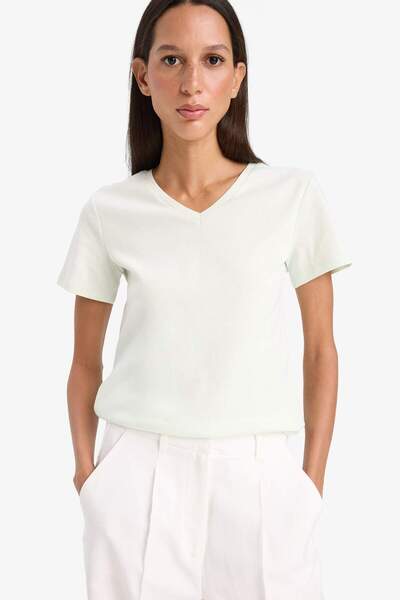 DeFacto Slim Fit Slim Fit Tričko s výstřihem do V Ribana Basic Plain Krátký rukáv I1080AZ24SM