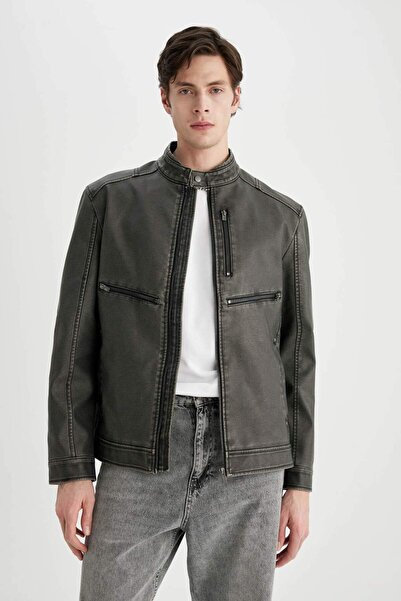 DeFacto Slim Fit Slim Fit Jachetă din piele artificială Slim Fit Guler stand Toc cu fermoar Buzunar Sezon C1758AX24SP