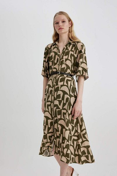 DeFacto Shirt Collar Pattern Moroccan Half Sleeve Midi Dress C2448Ax24Sp