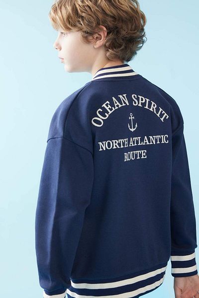 DeFacto Boys' College Collar Printed Snap Closure Double Pocket Seasonal Bomber Cardigan B6538A824Sp