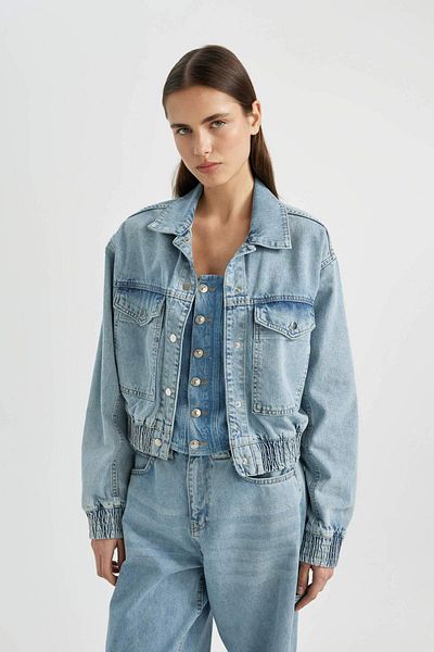 DeFacto Polo Collar Pocket Buttoned Jean Bomber Jacket B8258Ax24Sp