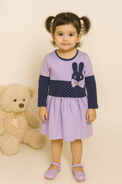 Baby Pink Χτενισμένο βαμβακερό μακρυμάνικο φόρεμα