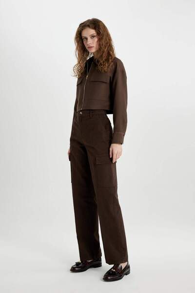 DeFacto Simple Gabardine Trousers - Brocured Cargo Pocket High Waist Basic Straight Long Length C2666Ax24Sp