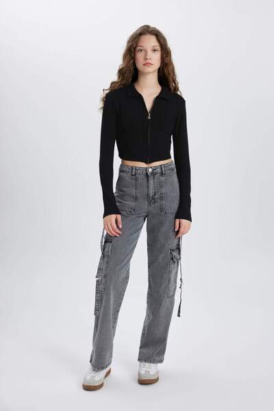 DeFacto Fitted Polo Yaka Fitilli Kaşkorse Crop Fermuarlı Hırka C4578AX24SM