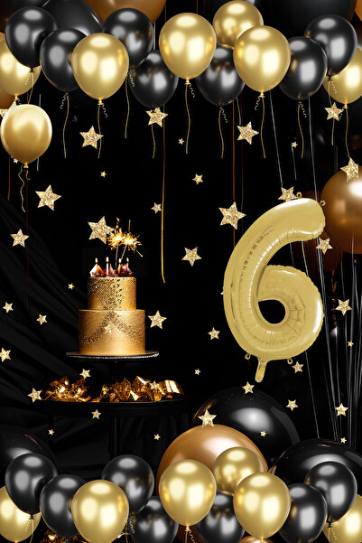 tedaks مجموعة بالونات ذهبية سوداء لعمر 6 سنوات مع بالون عيد ميلاد ذهبي أنيق ل...