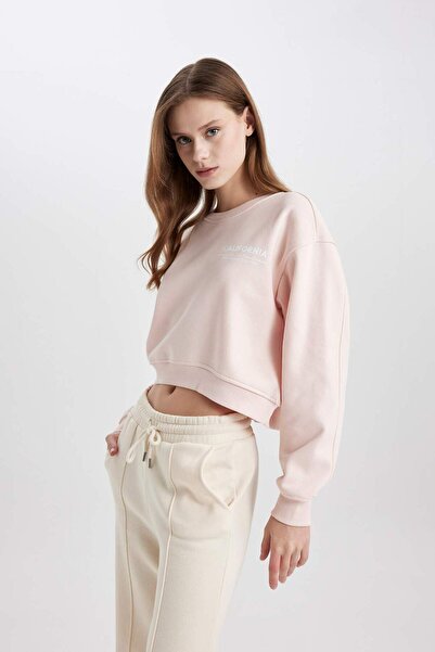 DeFacto Boxy Fit Crew Neck Printed Thick Crop Sweatshirt C5386Ax23Cw