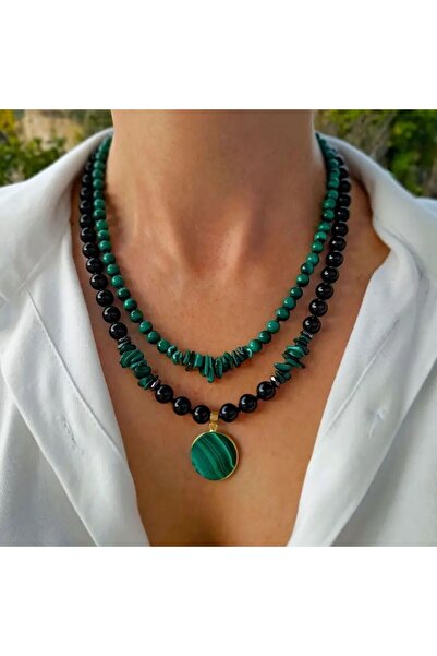 Vintage accessory مجموعة من قطعتين من قلادة الملاكيت والعقيق الأسود، مجوهرات ...