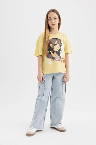 DeFacto Kız Çocuk Oversize Geniş Kalıp Bisiklet Yaka Baskılı Kısa Kollu Tişört B9549A824SM