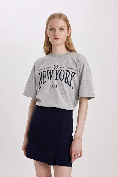 DeFacto Oversize Wide Fit Crew Neck Printed Short Sleeve T-Shirt C3677Ax24Sp