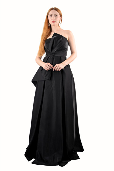 AYSHAN Straplez Parlak Kumaş Siyah Abiye Elbise