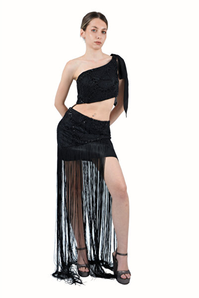 AYSHAN Siyah Astarlı Püsküllü Abiye Elbise Vücuda Oturan Örme Kumaş