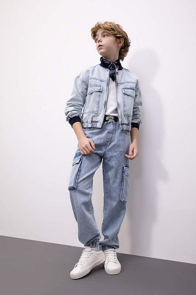 DeFacto Pantaloni de blugi pentru băieți, cu buzunare cargo, cu șireturi, pantaloni de jogger cu picioare elastice B6451A824SP