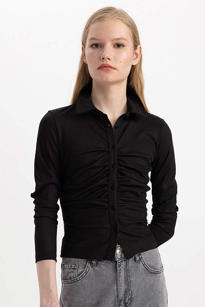 DeFacto Slim Fit Slim Fit Polo Neck Basic Plain Ribbed Camisole Long Sleeve T-Shirt C1326Ax24Sp