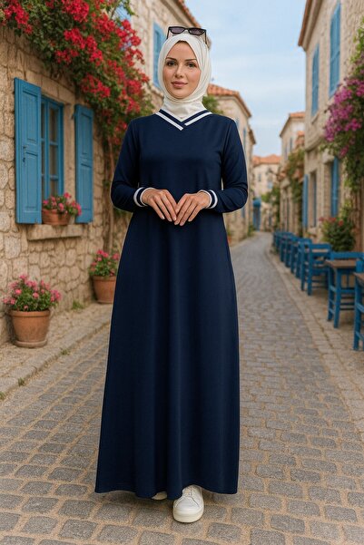 Mercan NURSAÇ ELBİSE Lacivert Beyaz V Yaka Detaylı Tesettür Spor Elbise Kristal