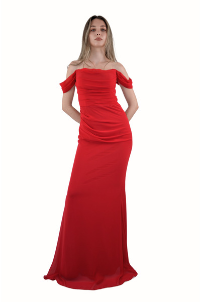 AYSHAN Şifon Pliseli Kırmızı Abiye Elbise