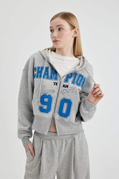 DeFacto Coool Oversize Fit Wide Fit Hooded Printed Thick Sweatshirt Cardigan C3209Ax24Sp