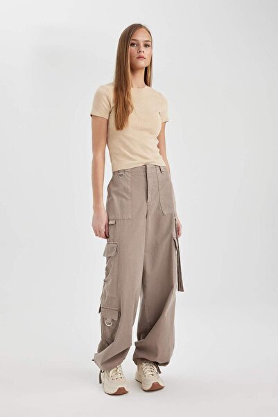 DeFacto Parachute Gabardine Pants Cargo Pocket High Waist Standard Size C1657Ax24Sp