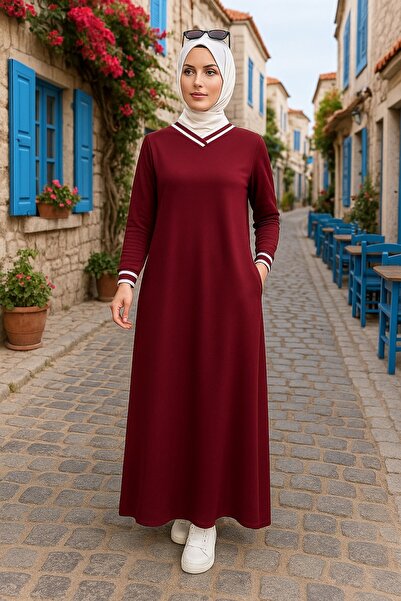Mercan NURSAÇ ELBİSE Bordo Beyaz V Yaka Detaylı Tesettür Spor Elbise Kristal