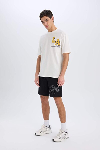 DeFacto DeFactoFit NBA Los Angeles Lakers Standart Fit Kargo Cepli Kısa Paça Şort B3920AX24SP