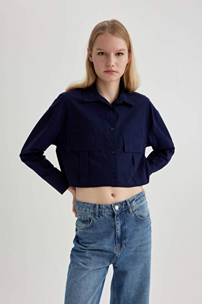 DeFacto Crop Poplin Basic Düz Uzun Kollu Gömlek C2355AX24SP