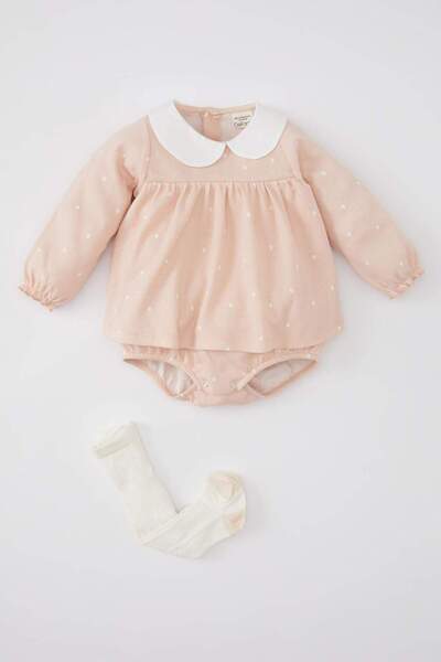 DeFacto Kız Bebek Yeni Doğan 2li Takım Puantiye Waffle Uzun Kollu Tulum Elbise Külotlu Çorap B9656A524SP