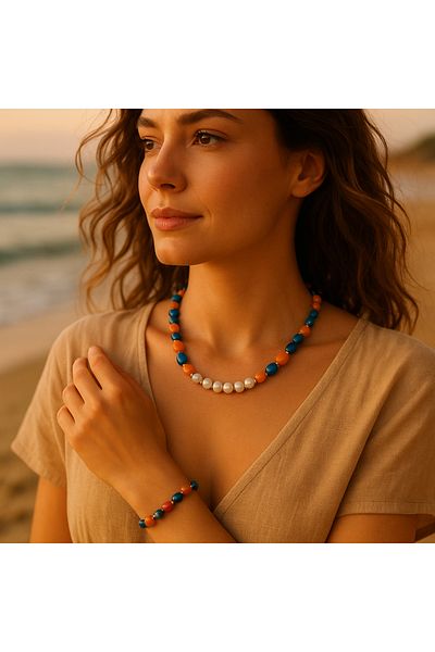 Asteria Elite Real Pearl Blue Agate Orange Agate Elegance, Communication and Evil Eye Protection Necklace Bracelet Set
