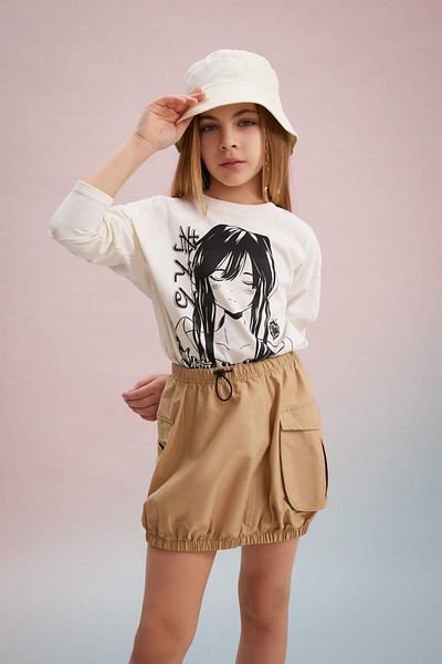 DeFacto Tricou cu mânecă lungă imprimat cu decolteu lat pentru fete C0246A824SP