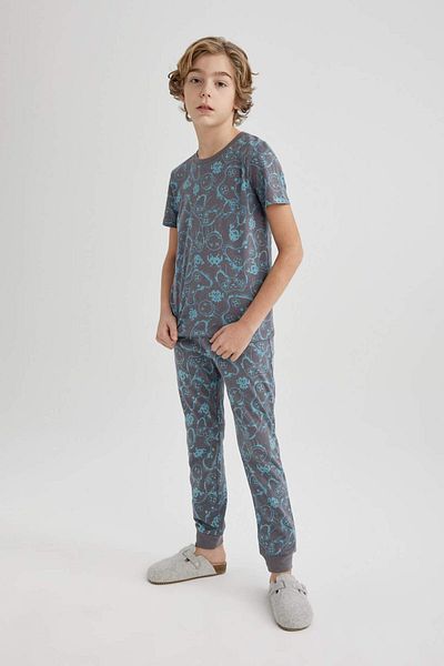 DeFacto Boys' Pajamas Set - Print, Short Sleeve, Top Elastic Waist, Long Bottom B5542A824Sp