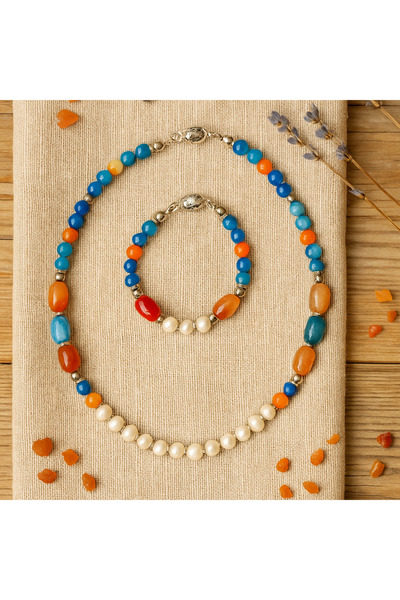 Asteria Elite Real Pearl Blue Agate Orange Agate Elegance, Communication and Evil Eye Protection Necklace Bracelet Set
