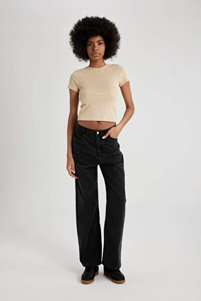 DeFacto Εφαρμοσμένο μπλουζάκι με λαιμόκοψη με λευκασμένο εφέ Basic κοντομάνικο μπλουζάκι B9229ax24sm