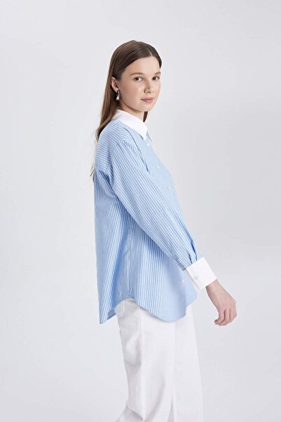 DeFacto Relax Fit Çizgili Poplin Uzun Kollu Gömlek Tunik C4099AX24SP