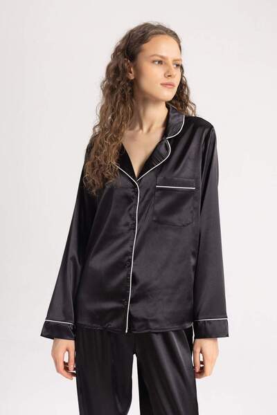 DeFacto Fall in Love Regular Fit Pajama Collar Satin Long Sleeve Casual Pajama Top A9160Ax24Sp