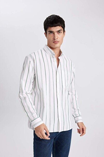 DeFacto Relax Fit Polo Collar Striped Oxford Long Sleeve Shirt B3679ax24sp